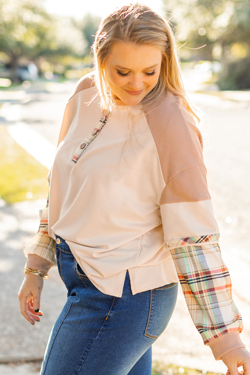 Parchment Plus Size Plaid Patchwork Layered Henley Top