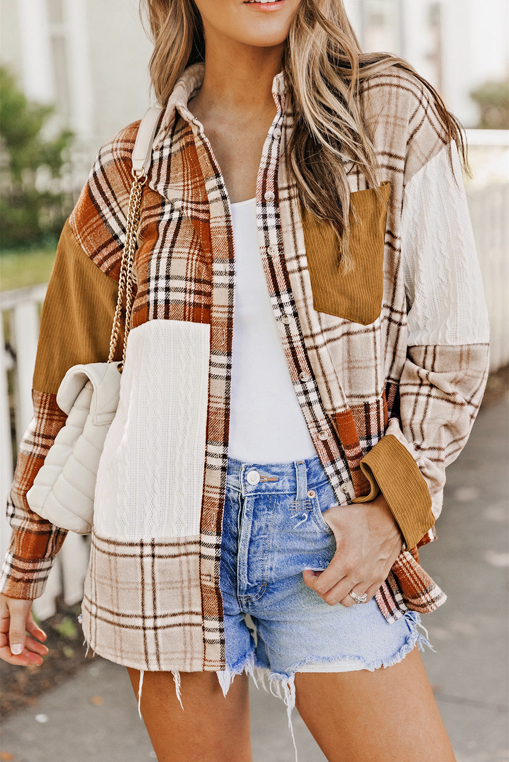 Orange Plaid Color Block Patchwork Shirt Jacket with Pocket